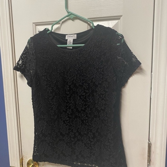 Carmen marc valvo black w/black lace tee size Medium nylon spandex - Picture 3 of 8